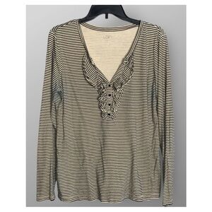 LOFT Black & Tan Striped V-Neckline Long Sleeve Ruffle Cotton Top L